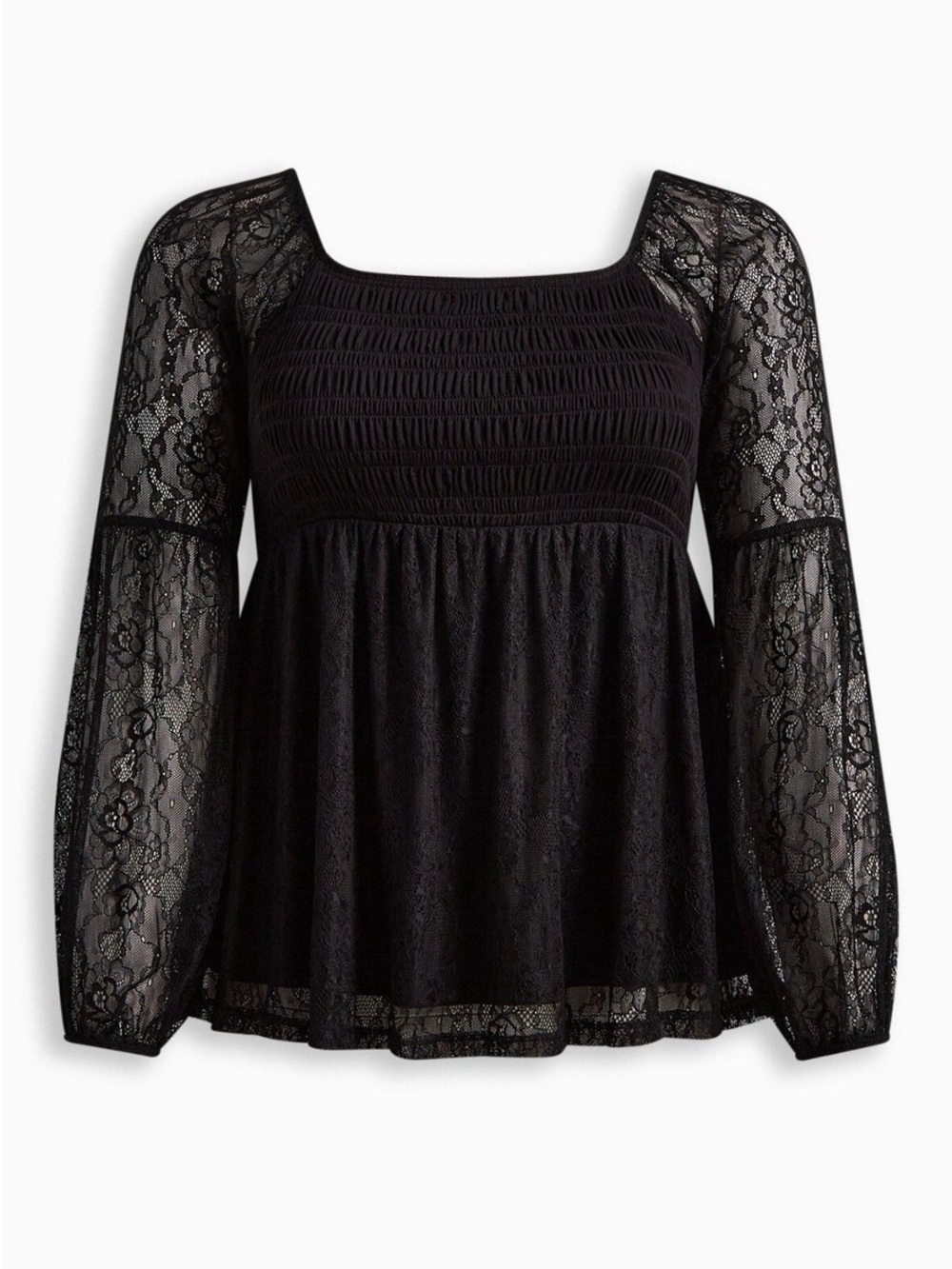 Torrid Stretch Lace Smocked Bodice Square Neck Top Black - Peasant Top